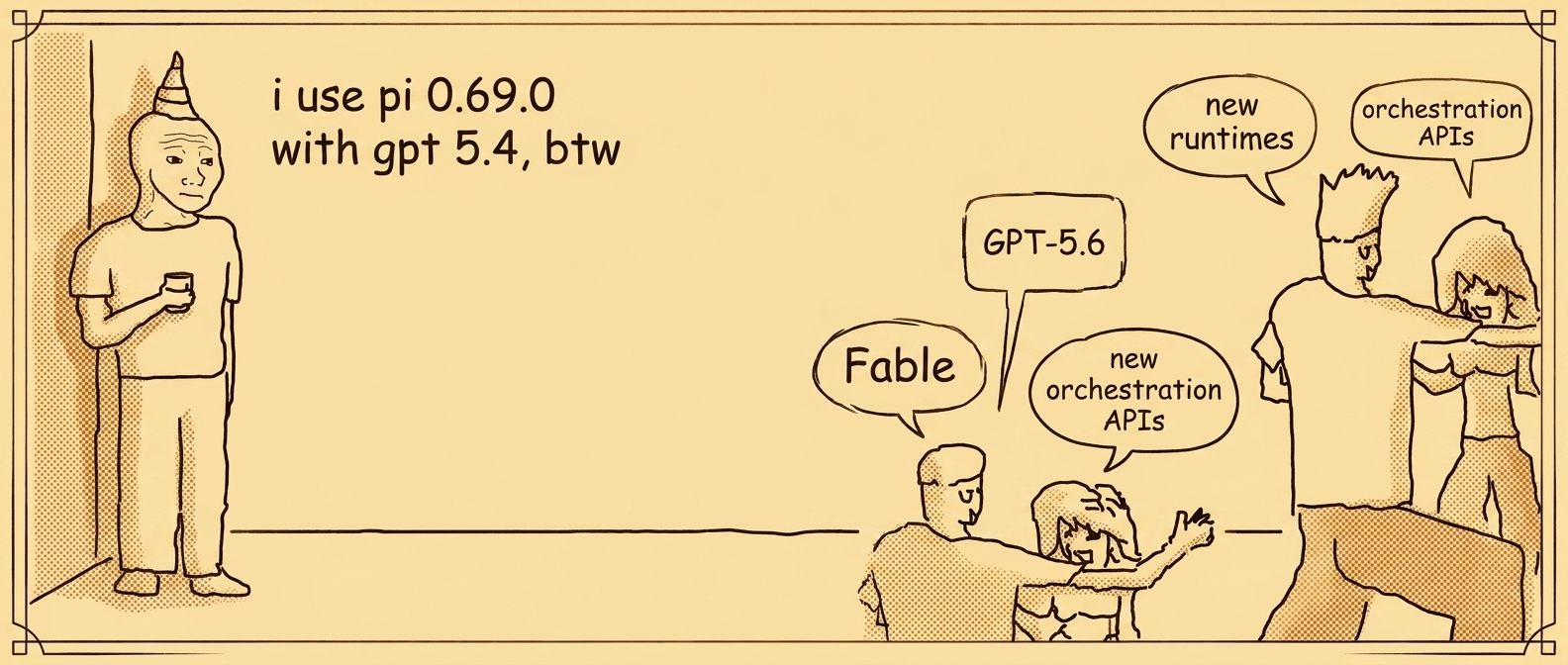 Restyled party-corner meme in warm sepia tones: a lone figure thinks "i use pi 0.69.0 with gpt 5.4, btw" while the party crowd talks about GPT-5.6, Fable, and new runtimes