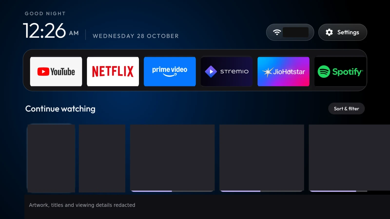 The Mi Box Home screen with six pinned apps and a populated Continue Watching shelf. Card shapes and progress bars remain visible; artwork, titles, viewing details and the Wi-Fi name are redacted.