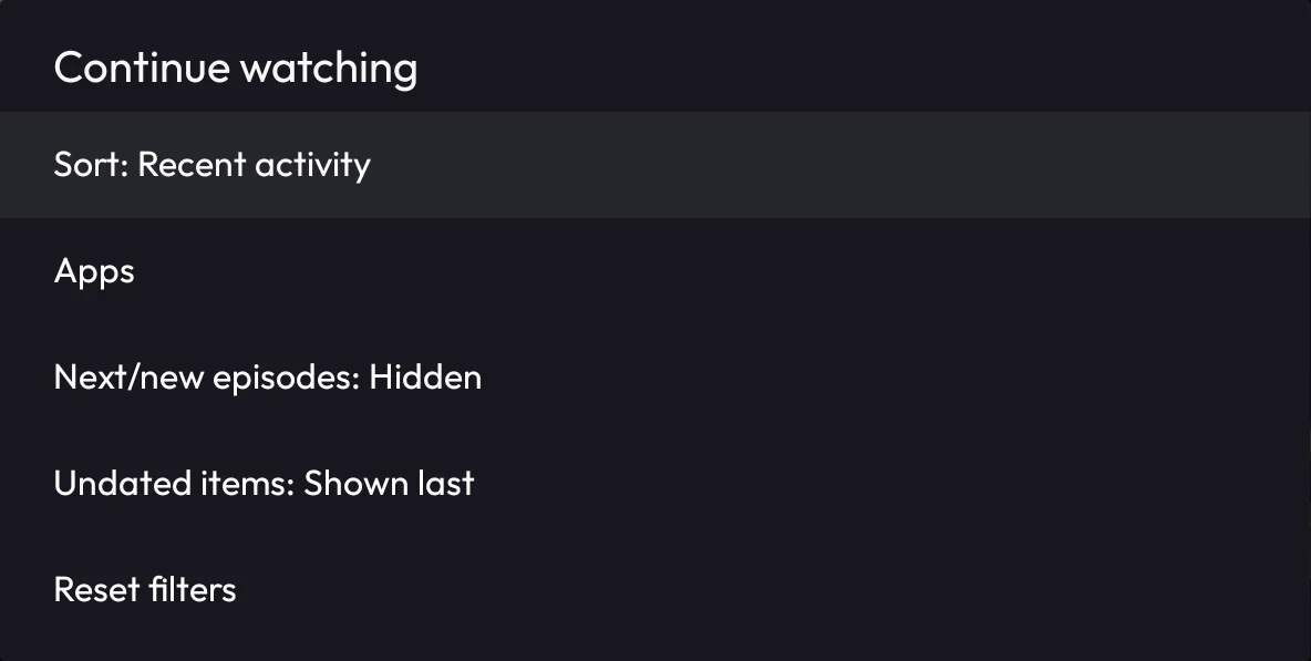 Continue Watching controls showing recent-activity sorting, app filters, hidden next episodes, undated items last and a reset option.