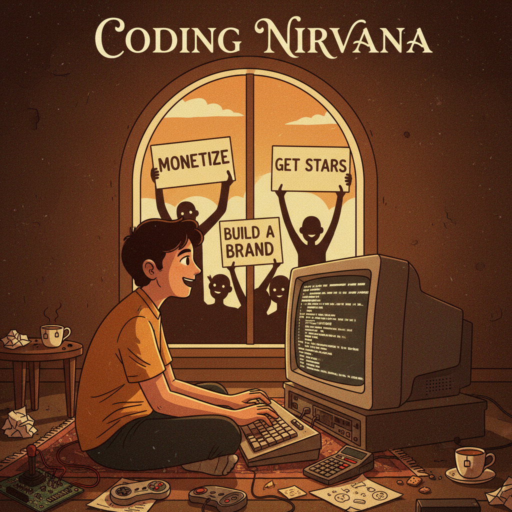 A kid coding happily on a CRT while shadowy figures outside hold signs saying Monetize, Get Stars, Build a Brand
